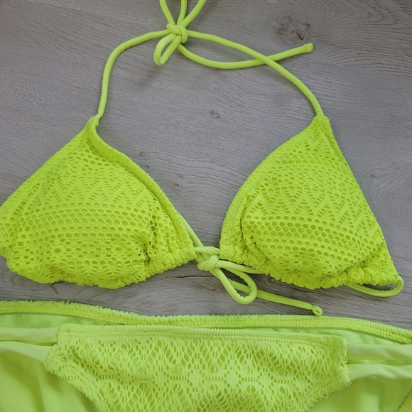 💕 Neon Yellow Lace Two Pieces Swim Bikini Set Women's Size Small Medium - Picture 7 of 8